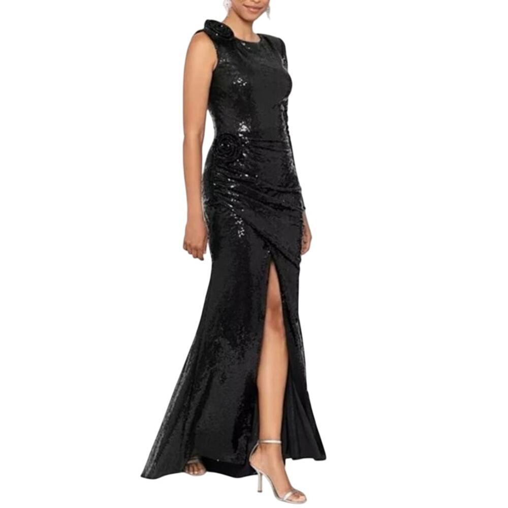 AQUA Black One Sleeve Flower Sequined Long Gown Size 2 New with Tag MSRP $298